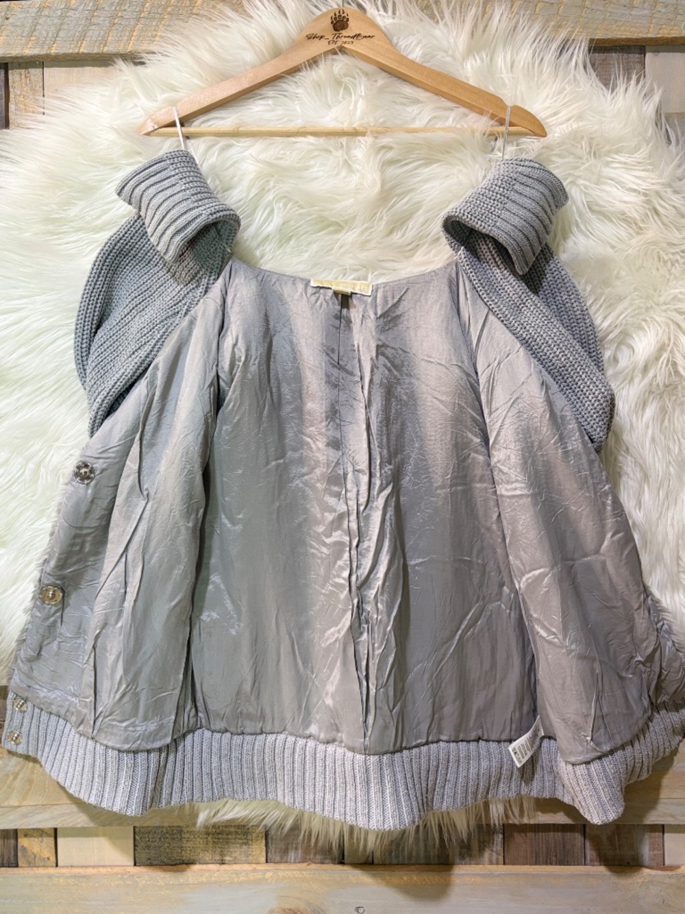 Like New [Michael Kors] Silver Gray Grey Faux Fur Hooded Sweater Jacket | Medium - Picture 10 of 15
